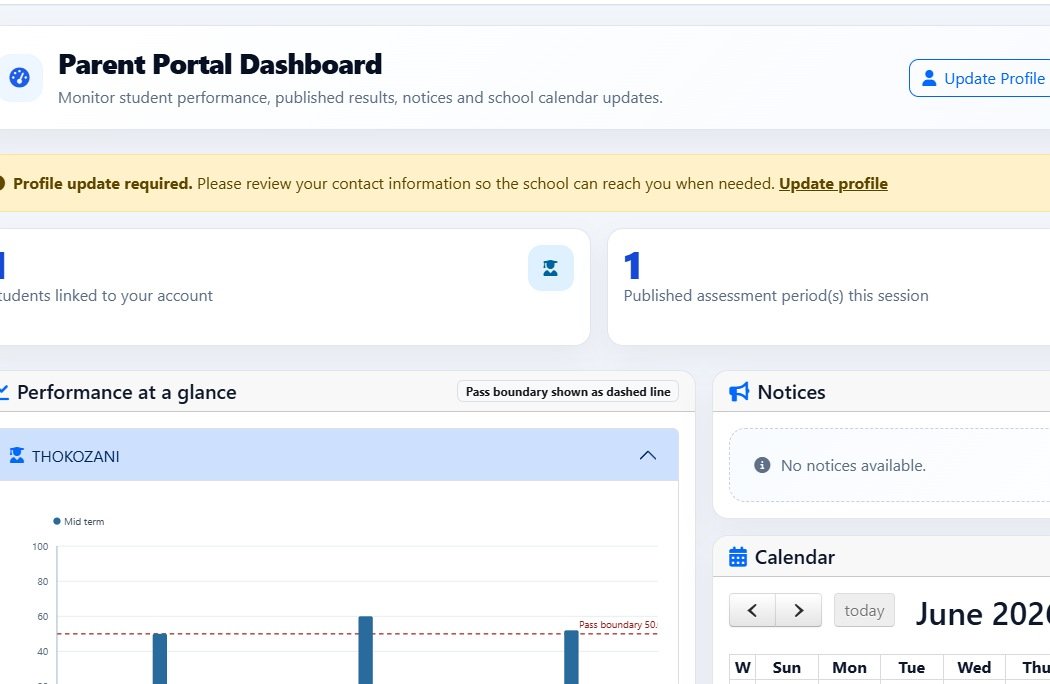 Studentmaster parent portal dashboard showing performance, notices and a school calendar