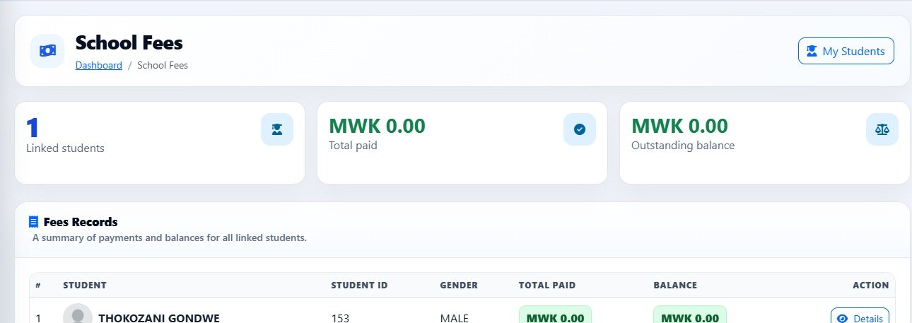 Studentmaster school fees dashboard showing linked students, payments and outstanding balances