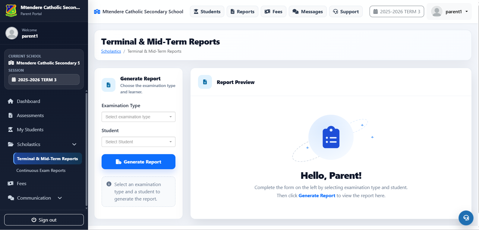 Studentmaster guardian report-generation screen